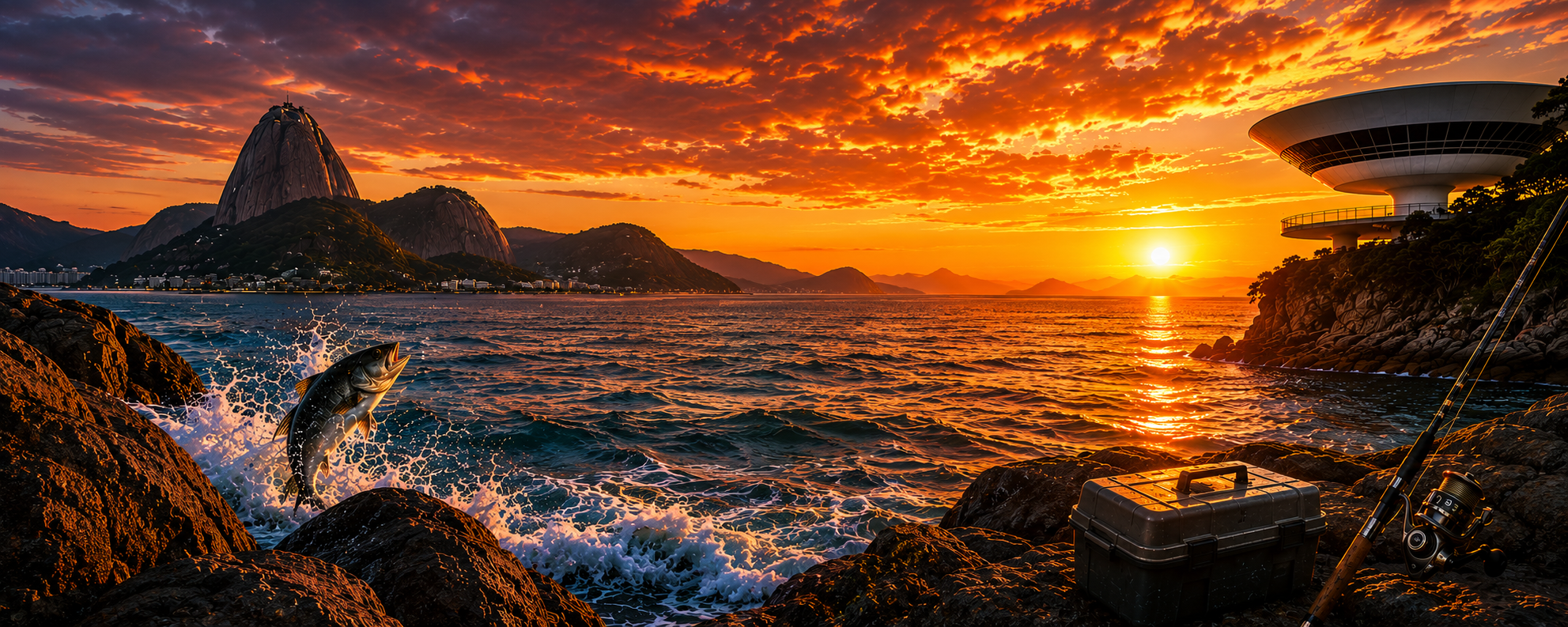 Pesca esportiva na Baía de Guanabara ao pôr do sol
