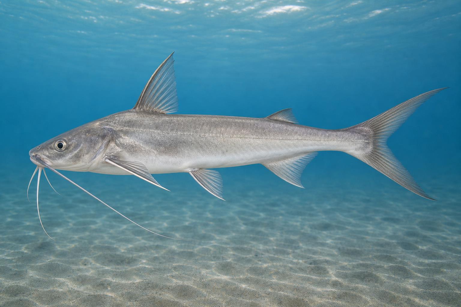 Ilustração gerada por IA de Bagre (Cathorops spixii) em perfil lateral sob a água