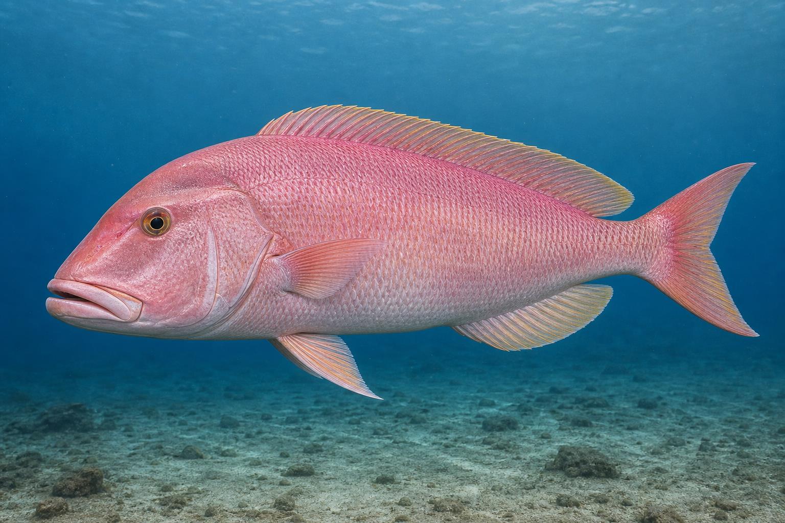 Ilustração gerada por IA de Batata (Lopholatilus villarii) em perfil lateral sob a água