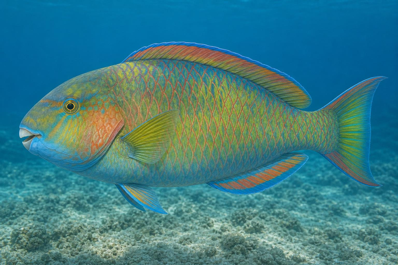 Ilustração gerada por IA de Budião-banana (Scarus zelindae) em perfil lateral sob a água