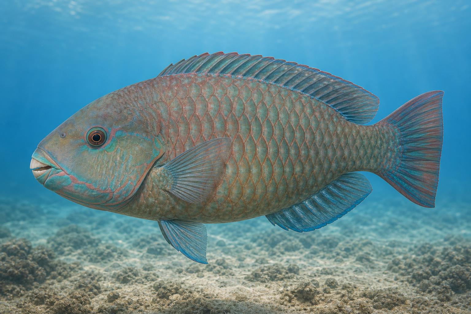 Ilustração gerada por IA de Budião-cinza (Sparisoma frondosum) em perfil lateral sob a água