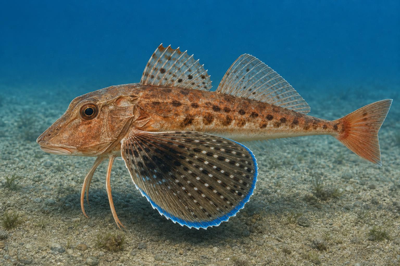 Ilustração gerada por IA de Cabrinha (Prionotus punctatus) em perfil lateral sob a água