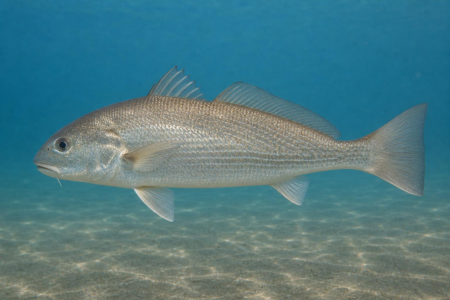 Ilustração gerada por IA de Castanha (Umbrina canosai) em perfil lateral sob a água
