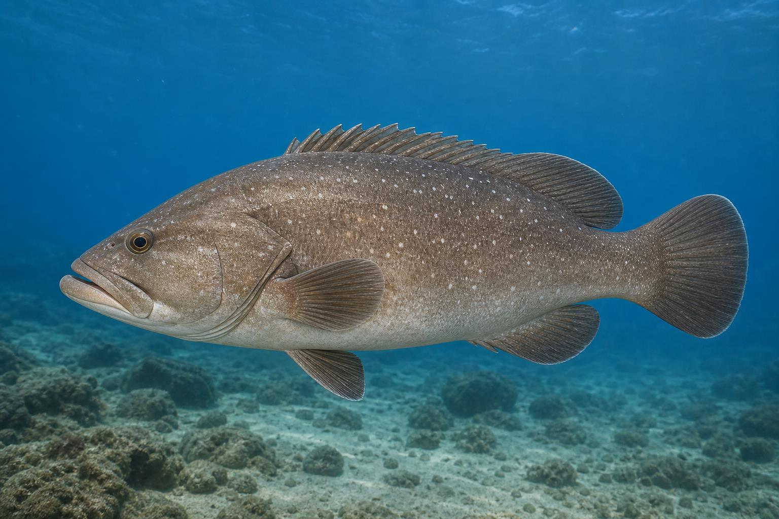 Ilustração gerada por IA de Cherne-verdadeiro (Hyporthodus niveatus) em perfil lateral sob a água