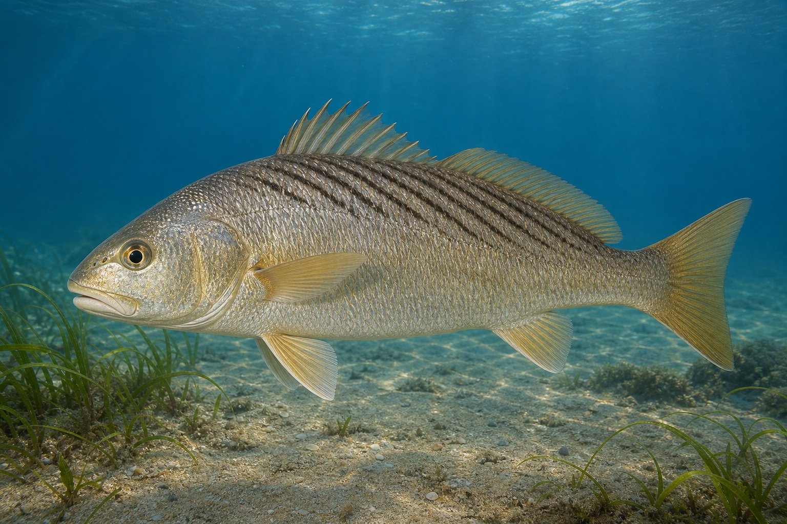 Ilustração gerada por IA de Corvina (Micropogonias furnieri) em perfil lateral sob a água