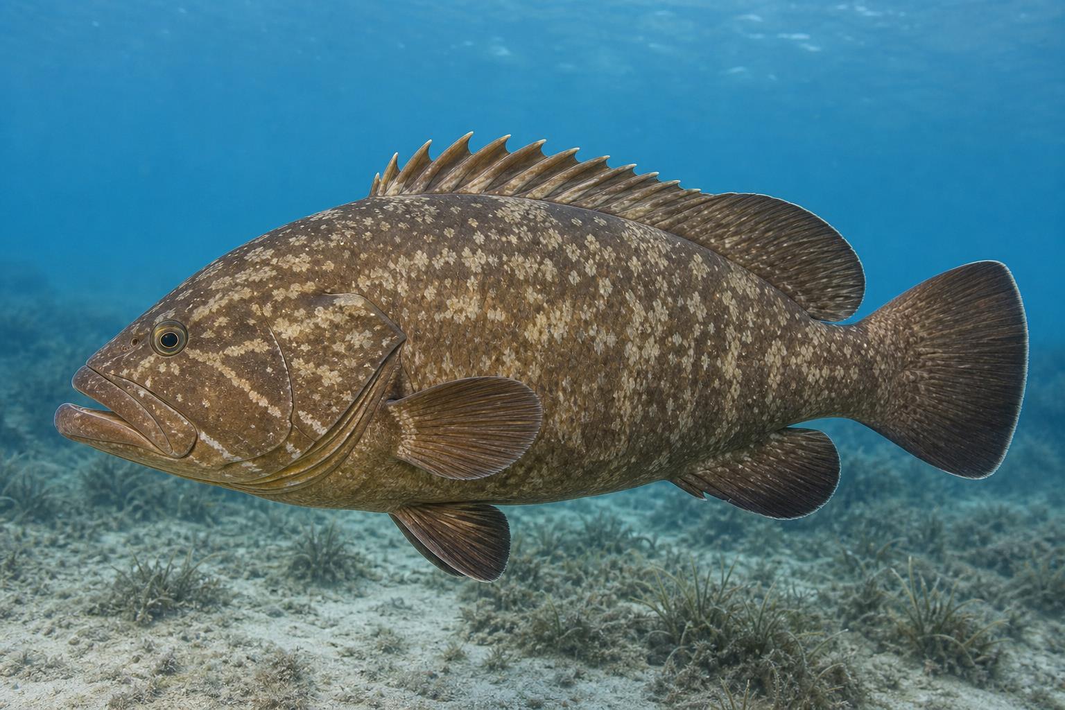Ilustração gerada por IA de Garoupa-verdadeira (Epinephelus marginatus) em perfil lateral sob a água