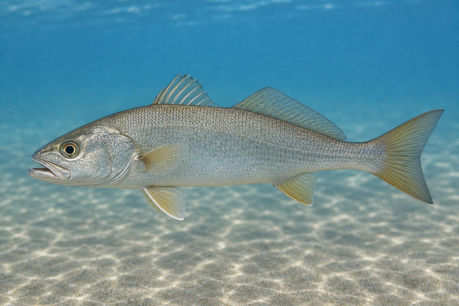 Ilustração gerada por IA de Goete (Cynoscion jamaicensis) em perfil lateral sob a água