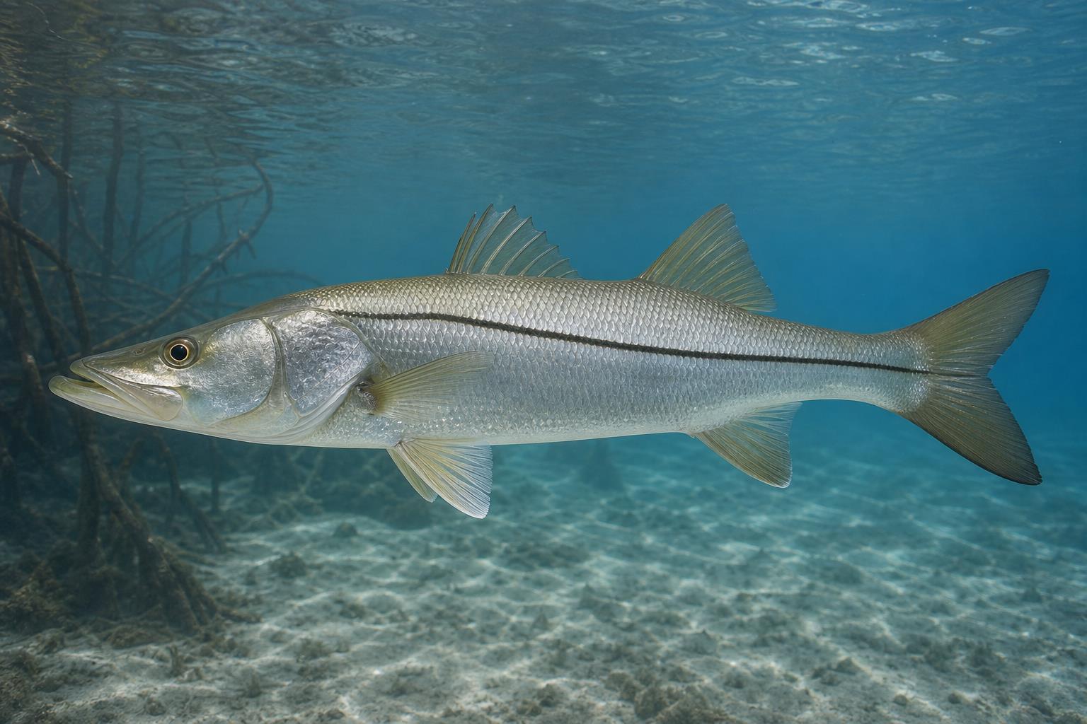 Ilustração gerada por IA de Robalo-flecha (Centropomus undecimalis) em perfil lateral sob a água