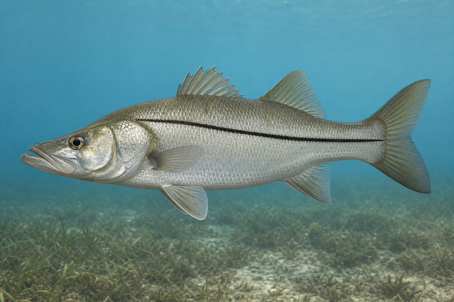 Ilustração gerada por IA de Robalo-peva (Centropomus parallelus) em perfil lateral sob a água