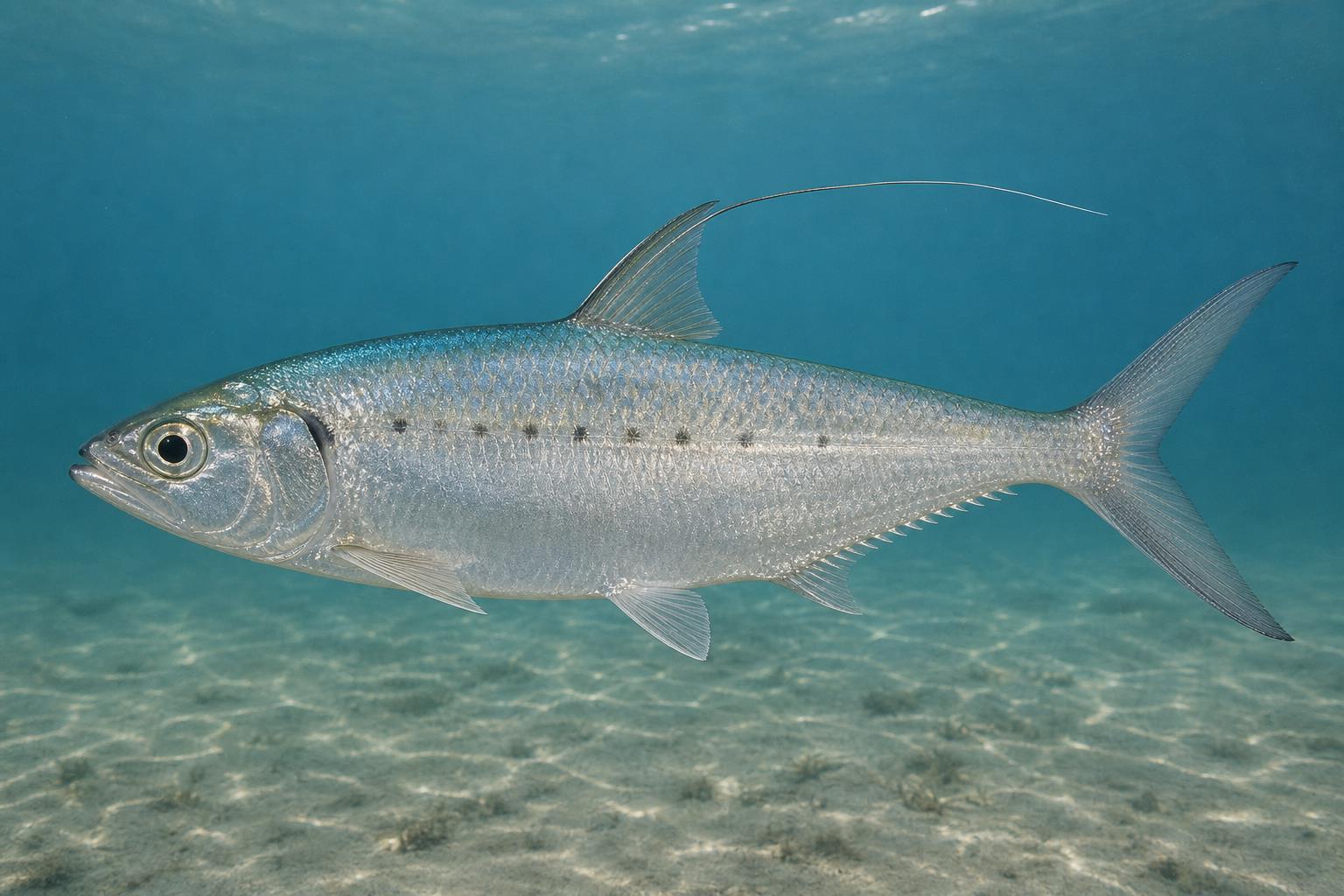 Ilustração gerada por IA de Sardinha-lage (Opisthonema oglinum) em perfil lateral sob a água