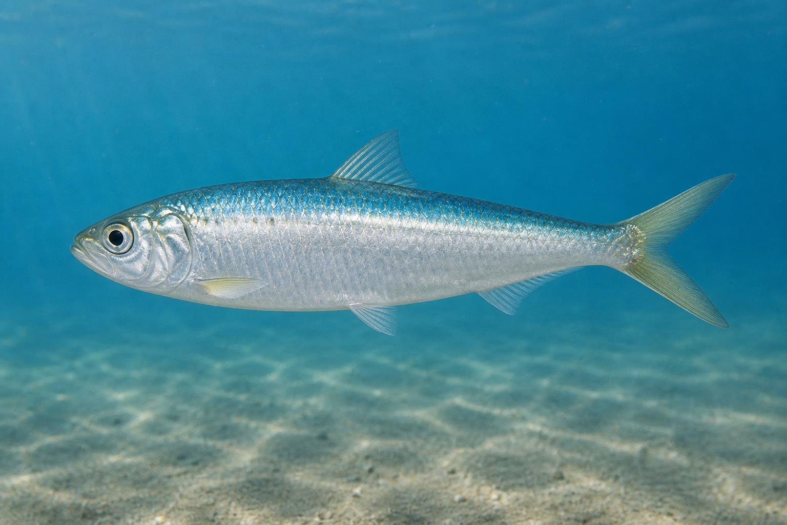 Ilustração gerada por IA de Sardinha-verdadeira (Sardinella brasiliensis) em perfil lateral sob a água